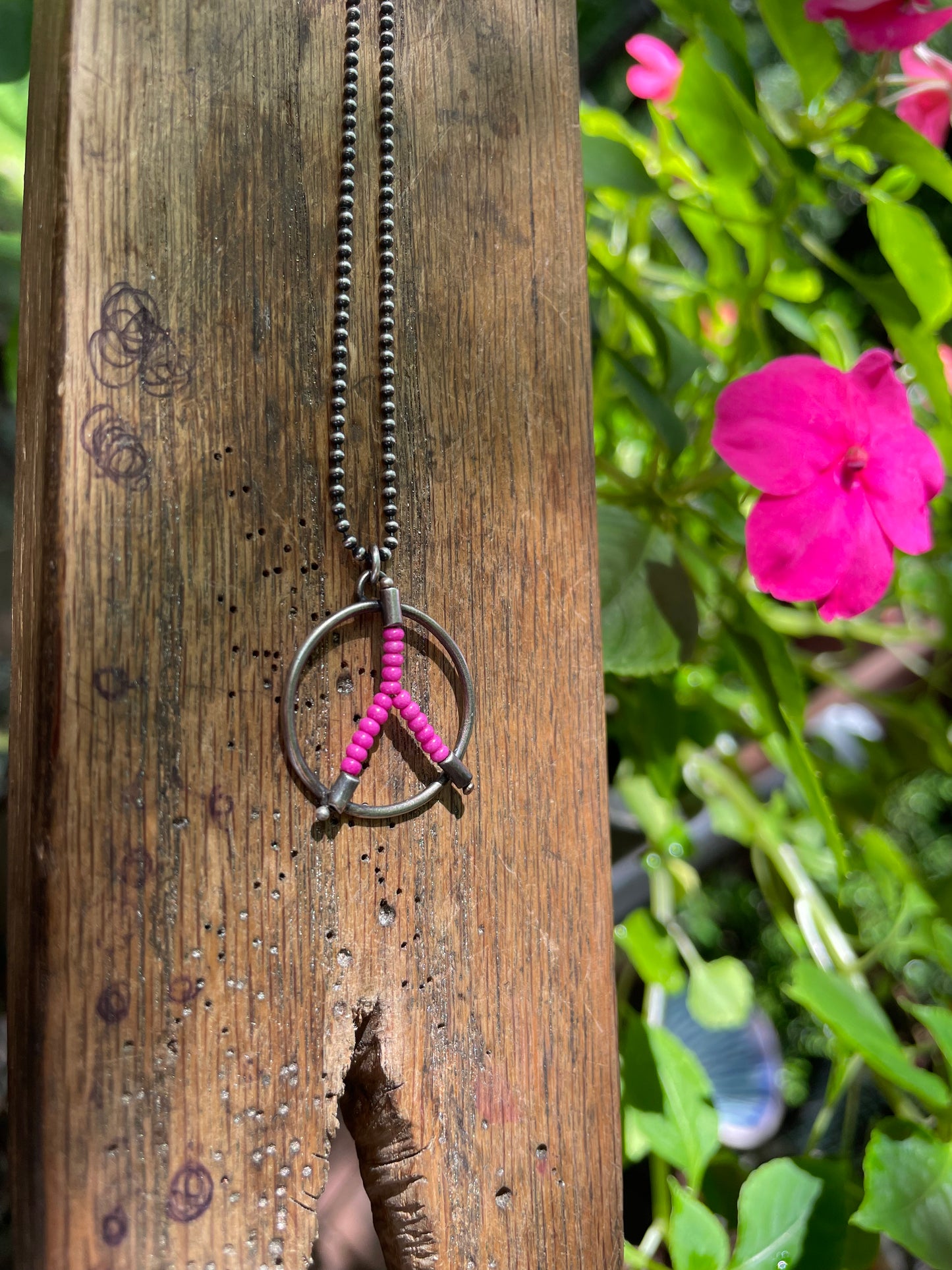 Hot Pink Beaded Peace Necklace