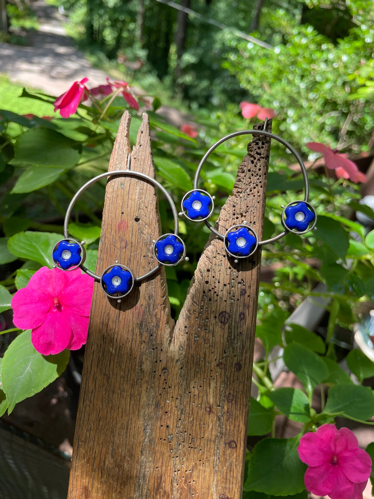 Cobalt Blue Flower Hoops
