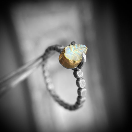 Rainbow Moonstone Leaf & 18k Gold Ring